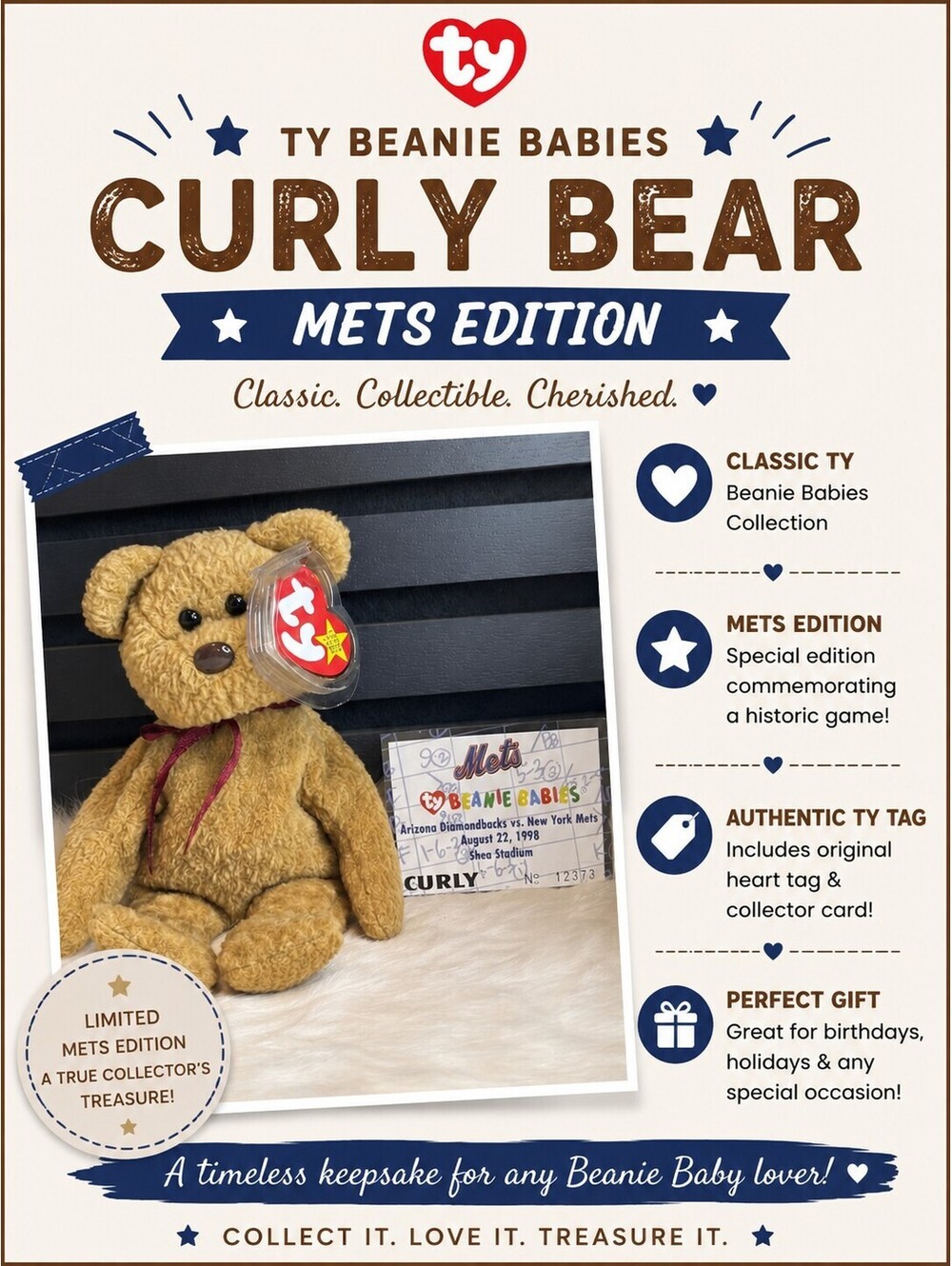 Ty Beanie Babies Curly Bear Plush - Mets Edition
